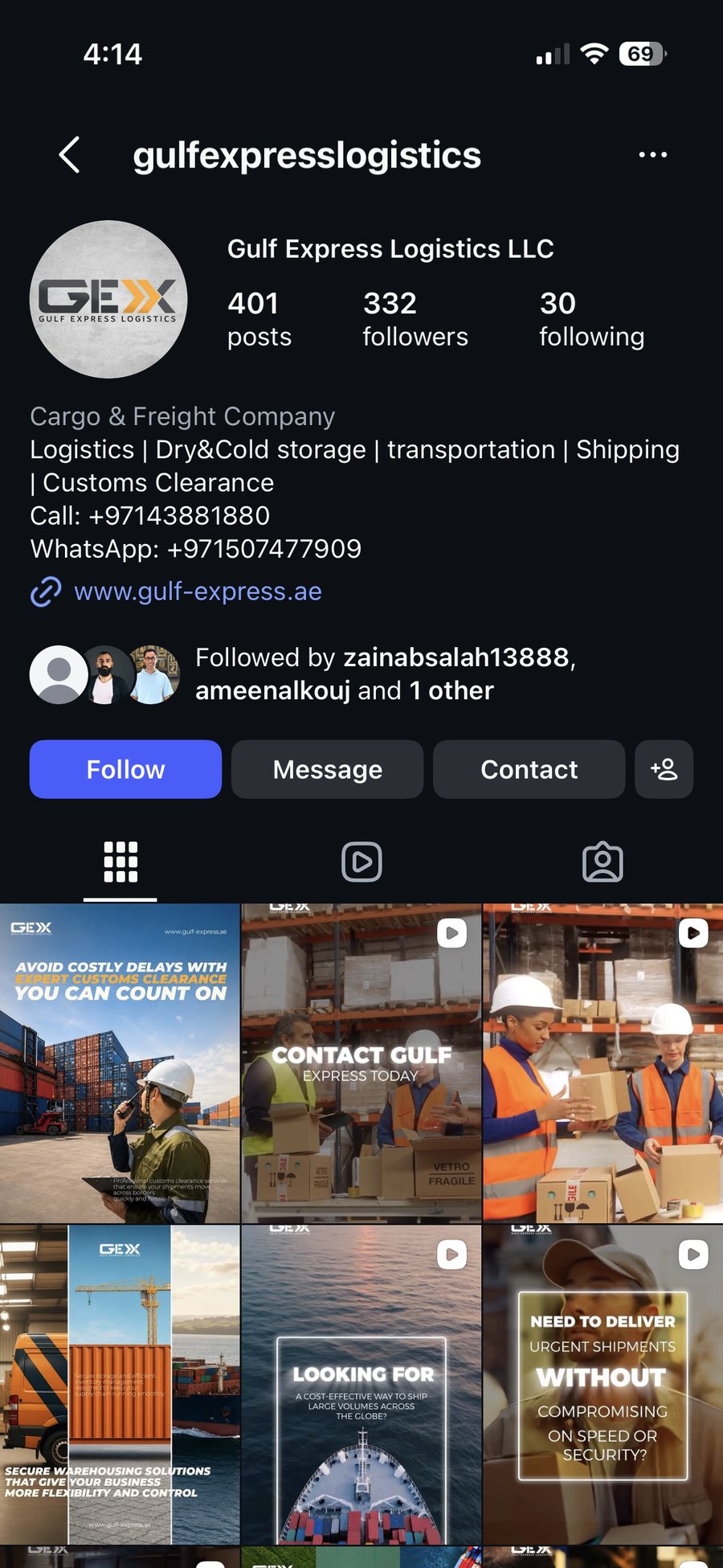 The Gulf Express Logistics Instagram profile on a phone — profile header, bio and the top of the grid