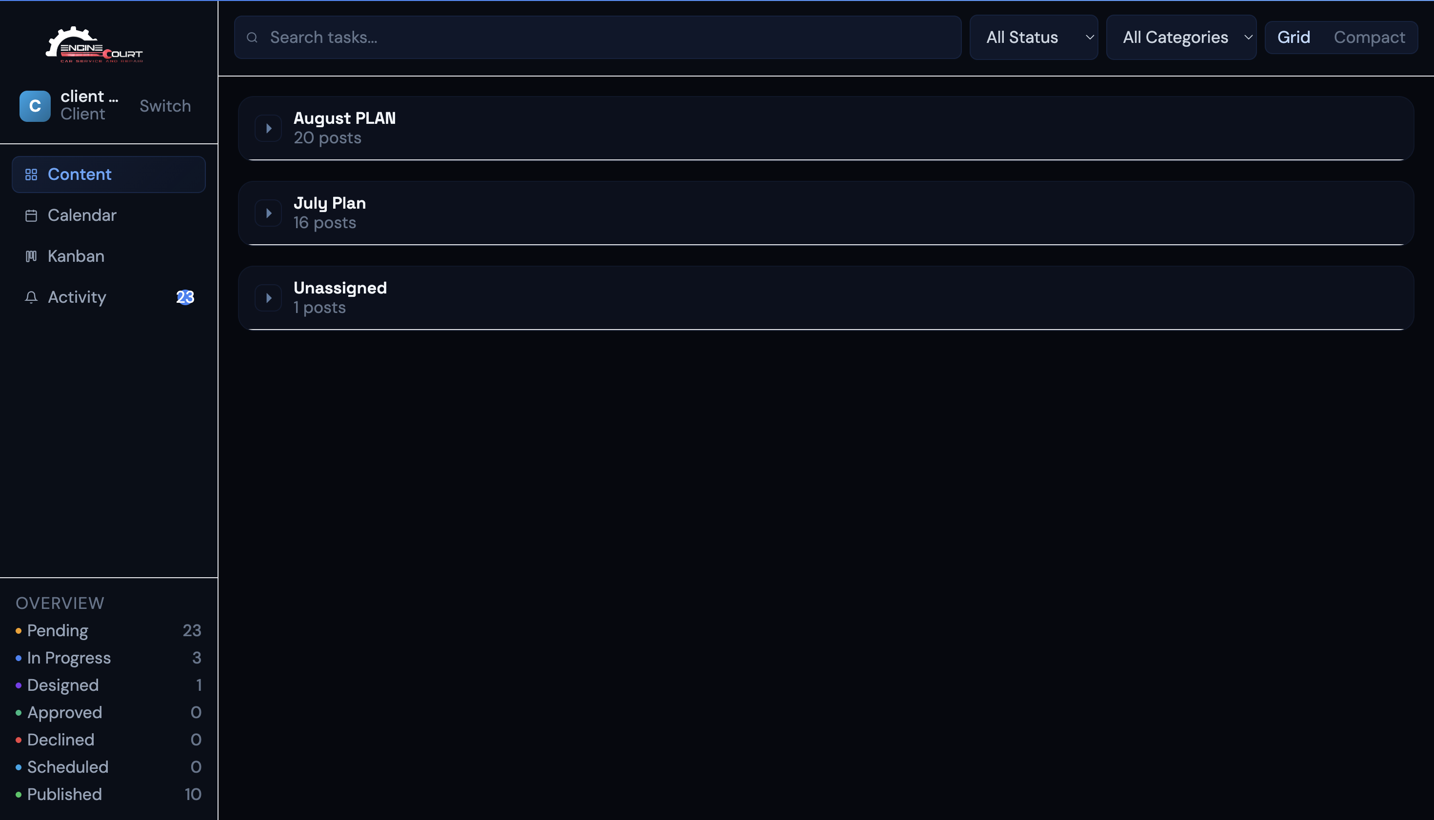Engine Court monthly content plans and status overview